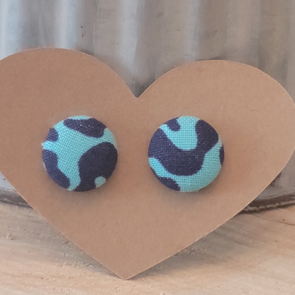 Blue Pattern Button Earrings - Picture 2 of 2